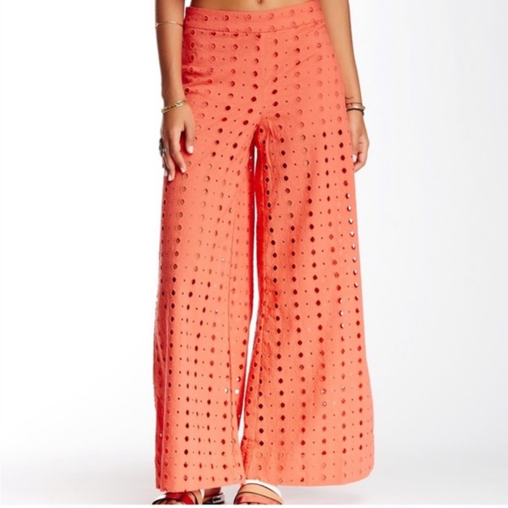 Free People Helena Eyelet Wide Leg Pants in Coral Size 6